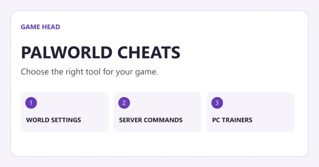 Game Head: Palworld cheats explained as world settings, server commands and PC trainers.