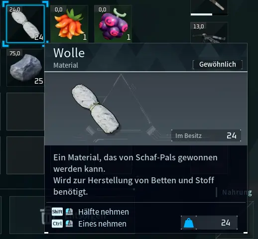 Palworld Wolle im Item Menü