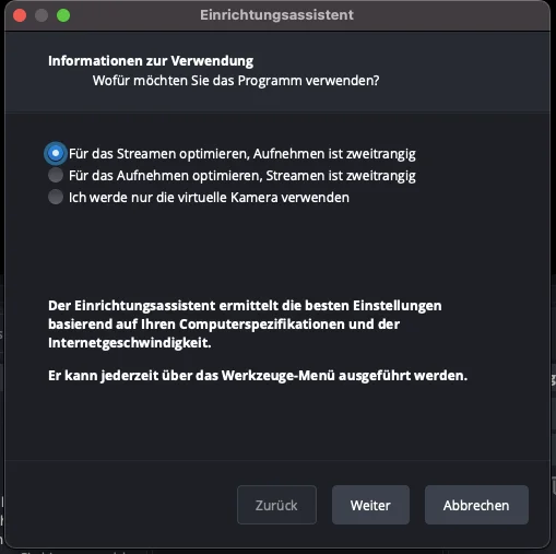 OBS Einrichtungsassistent zum automatischen Einrichten