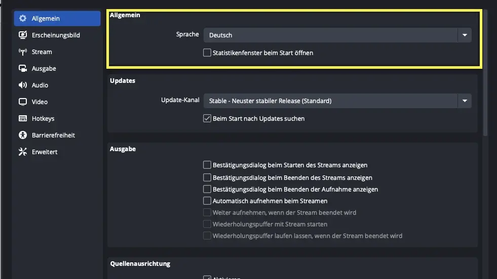 OBS Sprache Einstellen