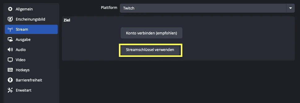 In OBS Twitch Streamschlüssel Eintragen