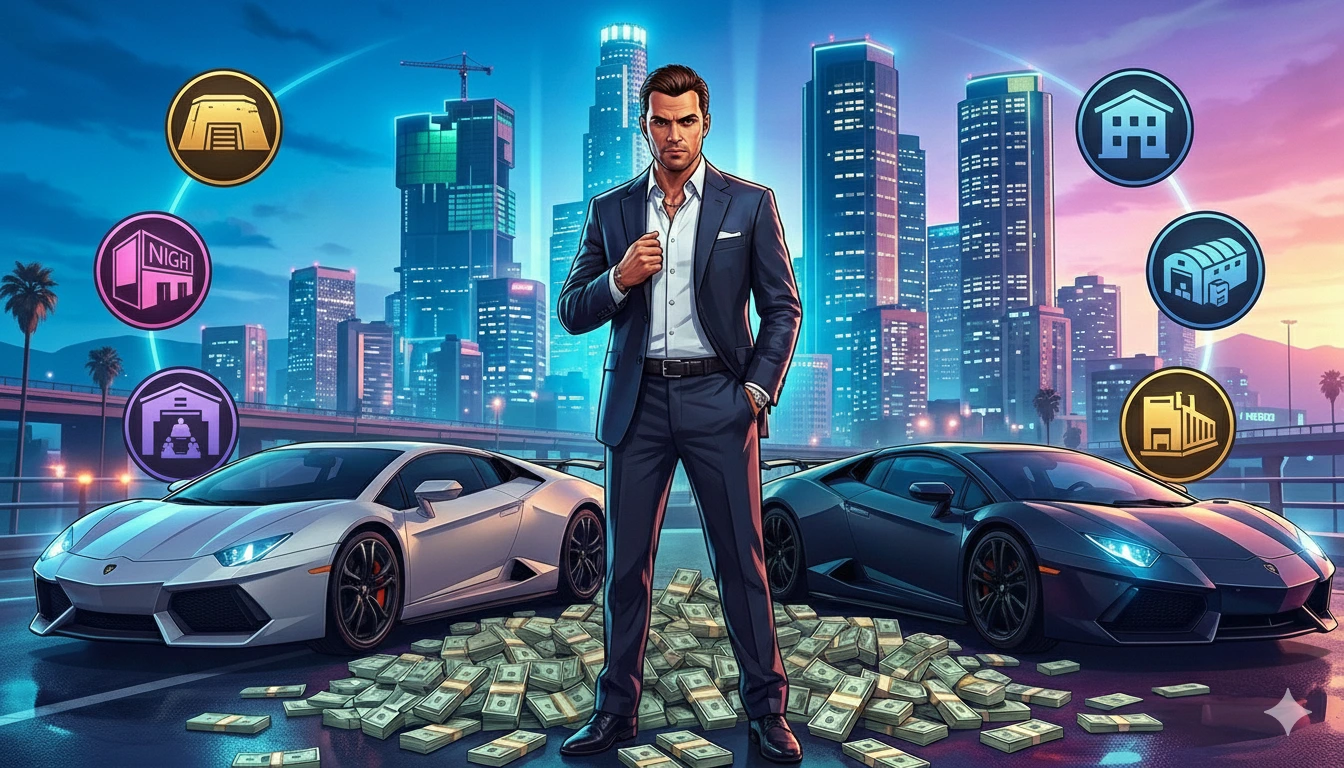 Illustration of a player, cars and business symbols in a city