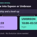 Eevee evolution in Pokémon Crystal: at least 220 friendship and a level-up. Espeon from 04:00 to 17:59, Umbreon from 18:00 to 03:59, using the in-game clock.