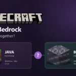 Minecraft logo above Java and Bedrock block illustrations asking whether you can play together.
