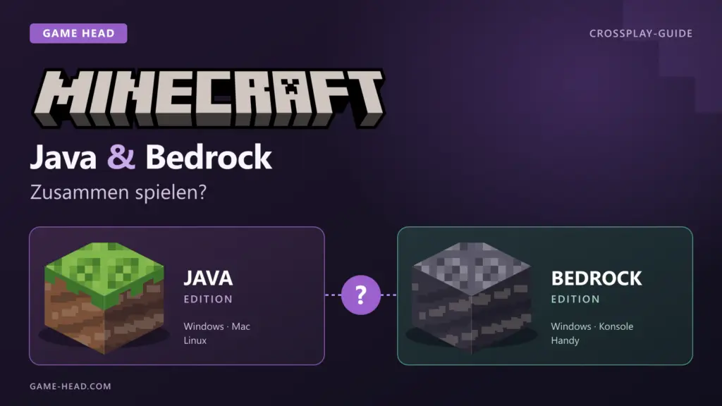 Minecraft-Logo über Java- und Bedrock-Blockmotiven mit der Frage „Zusammen spielen?“.
