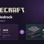 Minecraft-Logo über Java- und Bedrock-Blockmotiven mit der Frage „Zusammen spielen?“.