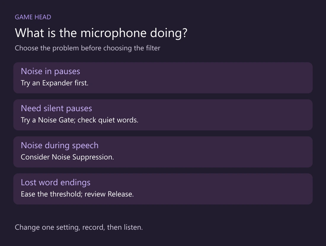OBS decision guide: Expander for gentler pauses, Noise Gate for closed pauses, Noise Suppression for ongoing noise; check quiet word endings.