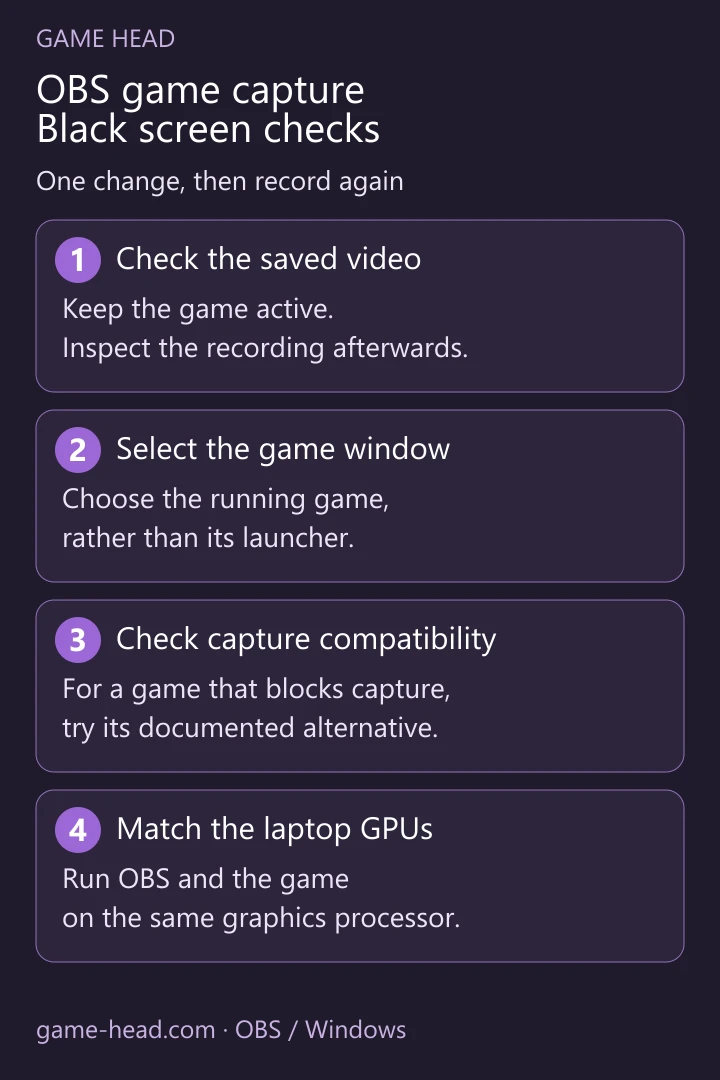 OBS checklist: record while playing, select the game window, check capture compatibility and match GPUs on a laptop.