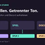 Getrennte OBS-Aufnahmespuren: Mikrofon auf Spur 2, Spiel auf Spur 3 und Discord auf Spur 4, ergänzt durch den Gesamtmix auf Spur 1.