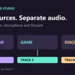 Separate OBS recording tracks: microphone on track 2, game on track 3, Discord on track 4, with a full mix on track 1.