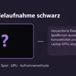 Illustration eines schwarzen Spielbilds mit vier Prüfungen: Fenster, aktives Spiel, GPU und Aufnahmemethode.