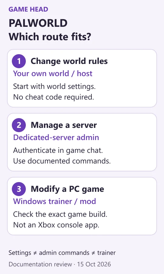 Palworld decision guide: world settings for your own rules, documented chat commands for dedicated-server admins, and separate Windows trainers or mods with version checks.