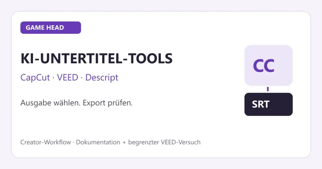Game-Head-Grafik: KI-Untertitel-Tools CapCut, VEED und Descript. Ausgabe wählen und Export prüfen.